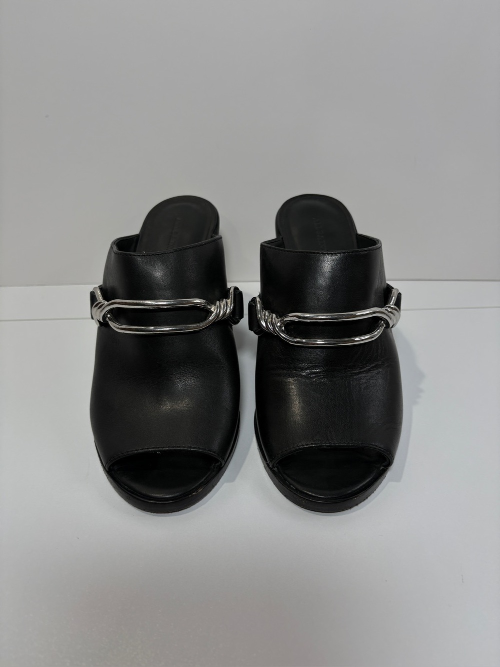 AllSaints Black Leather Silver Hardware Heeled Mules Sandals Size 36